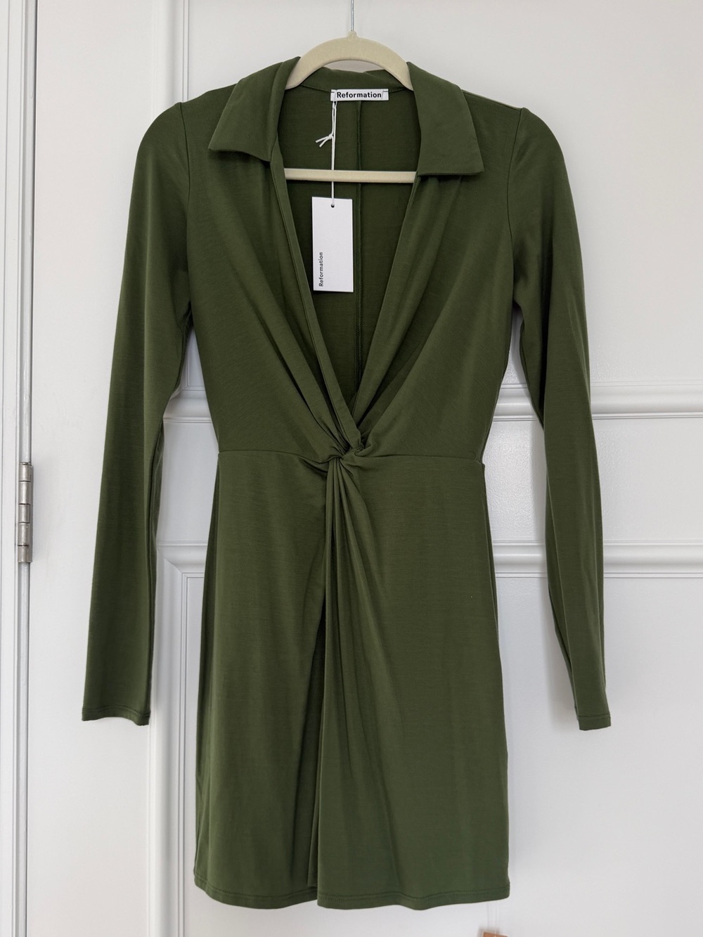 Reformation Kyler Moss Green Long-Sleeve Twist-Knot Mini Dress XS